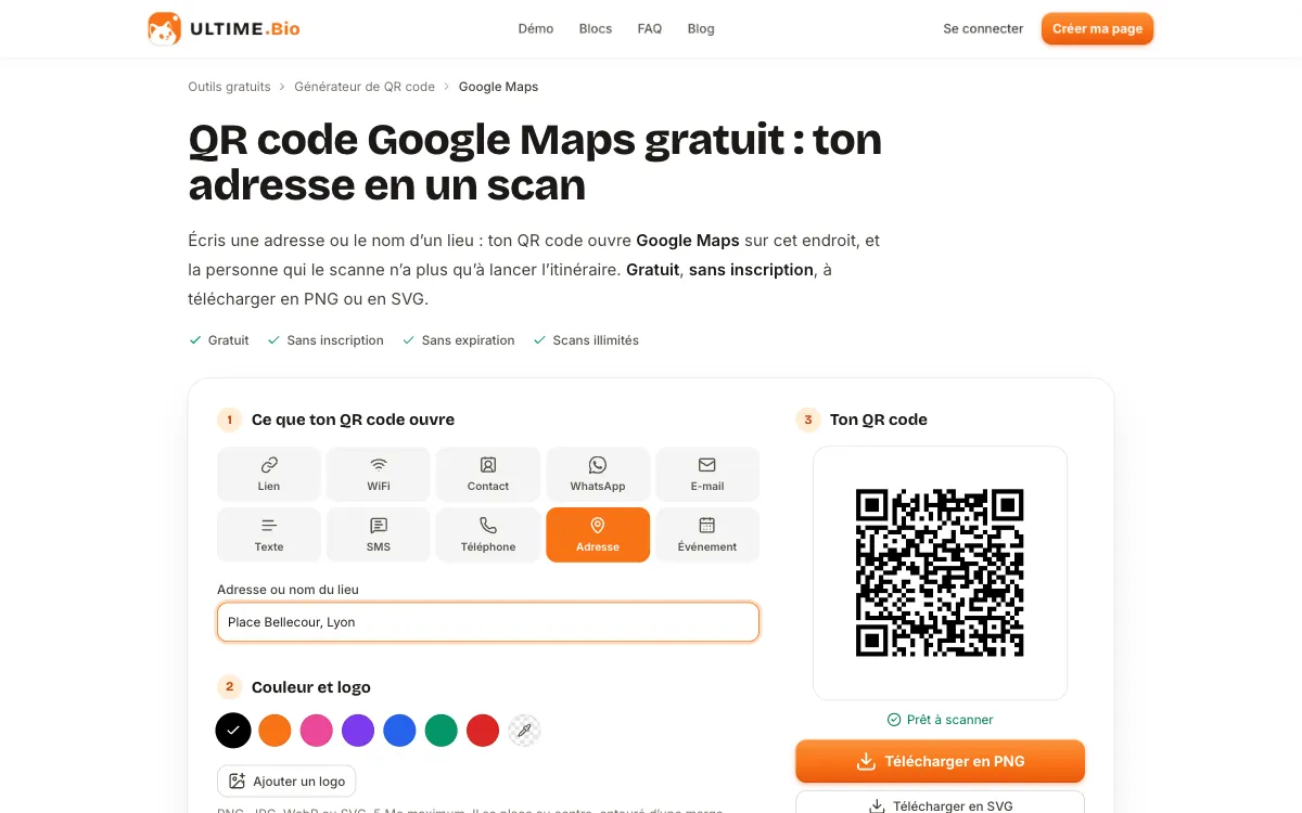 Le générateur de QR code sur la page « QR code Google Maps » : le titre de la page, l’onglet « Adresse » sélectionné, une adresse saisie et le QR code prêt à télécharger